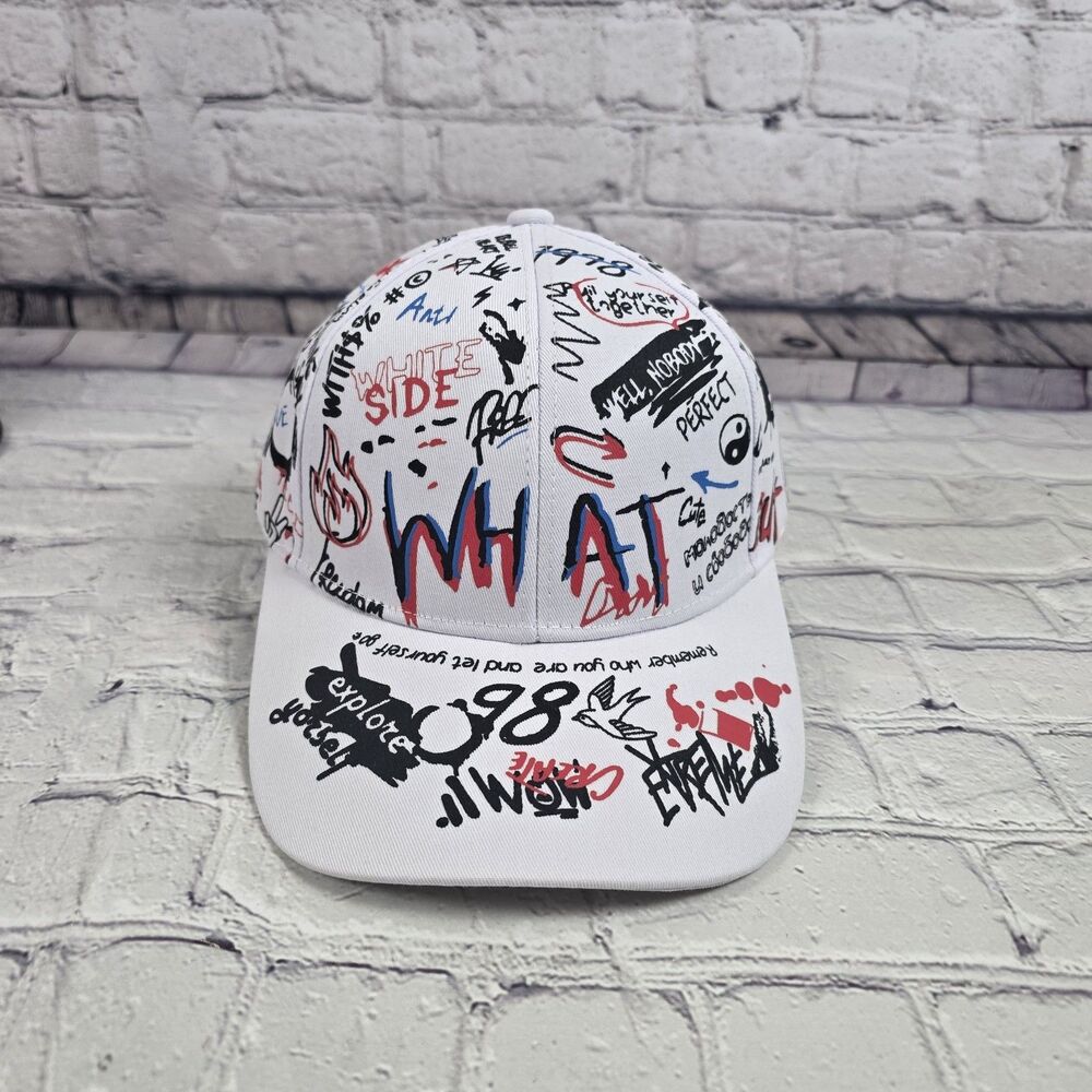 Graffiti Print White Cap WHAT Graphic Streetwear Adjustable Graffiti Print White